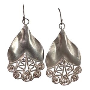 Vintage 925 Sterling Silver Filigree Leaf Drop Earrings Sculptural Nature Boho